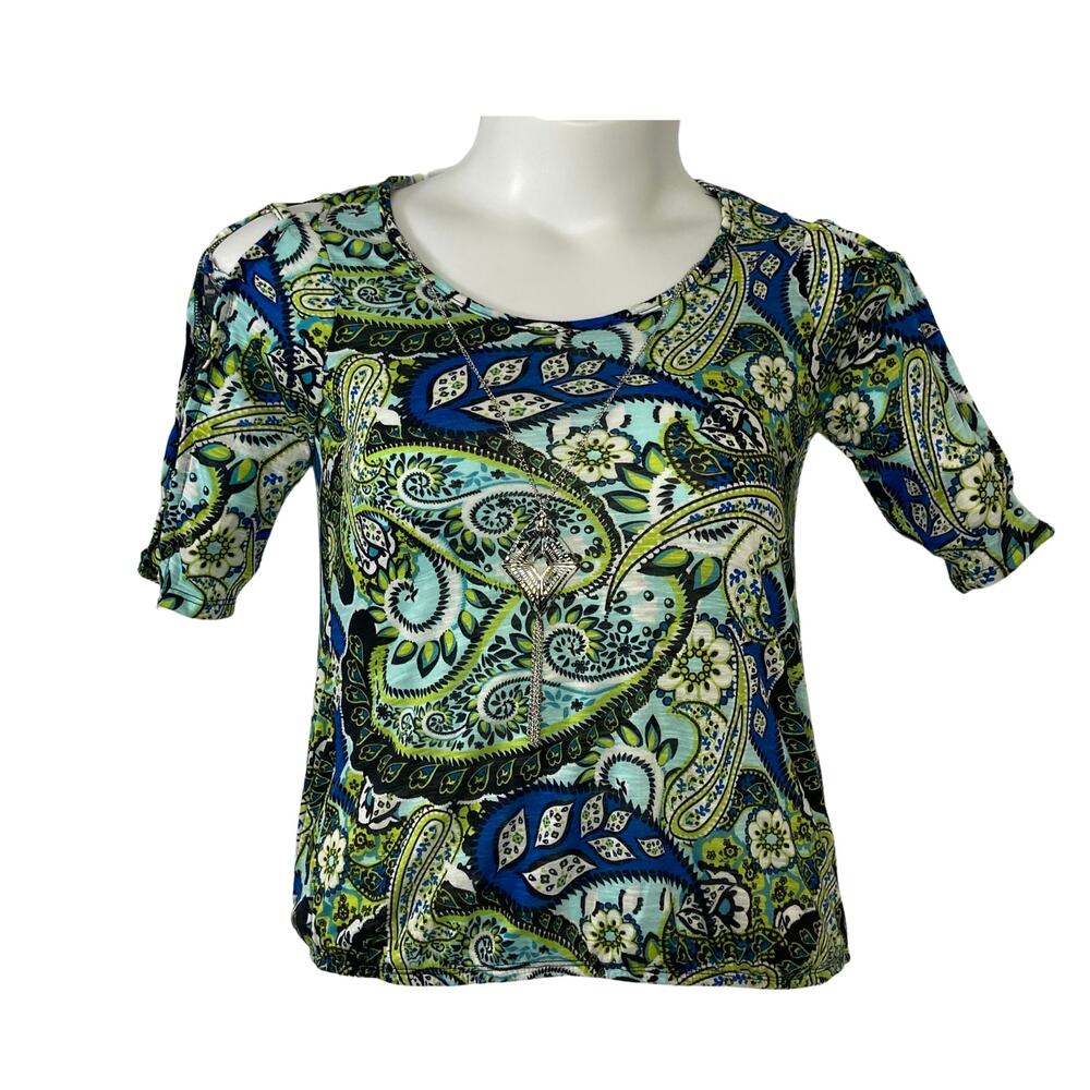Goddess Top Green Black Blue Short Sleeve Small NEW